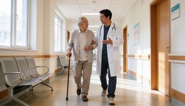 Doctor walking with senior patient through bright clinic corridor, conveying compassionate care