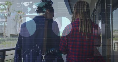 Business colleagues walking campus balcony with digital data overlay and analytics
