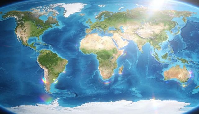 Sunlit earth from orbit showing continents, oceans, polar ice, bathymetry and sun glare