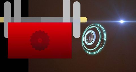 Futuristic interface with holographic gear and red banner