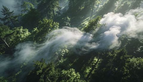 Drifting ribbon of low fog threading through sunlit treetop canopy on steep forest hillside