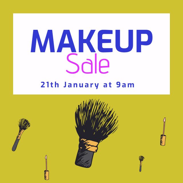 Bright and engaging digital illustration with 'Makeup Sale' text prominently displayed in a white box. Background includes makeup brushes on a vibrant yellow backdrop, making it eye-catching and ideal for beauty stores, salons, or online boutiques to announce sales events, promotions, or new product launches. Suitable for social media ads, online banners, and promotional flyers.