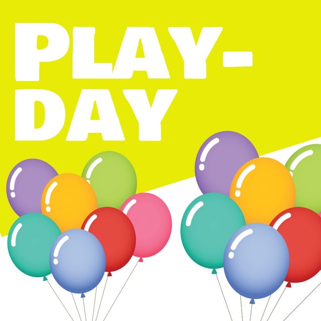 Illustration of playday text with colorful balloons over yellow background, copy space. national day, celebration, childhood, playful, campaign.