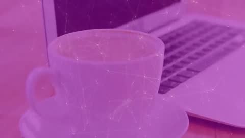 Steaming Coffee Cup with Laptop and Network Overlay, Modern Workspace Concept