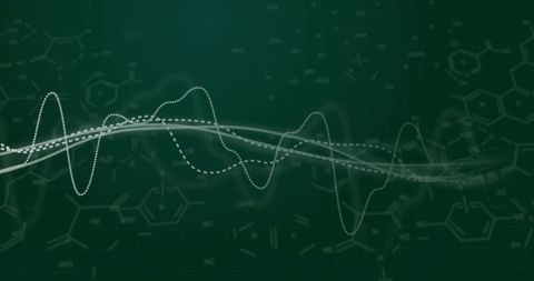 Waveform Ribbons Flowing Across Green Scientific Grid Featuring Molecular Structures