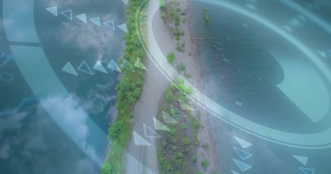 Aerial drone revealing narrow isthmus with winding path, lush vegetation and hud data overlay