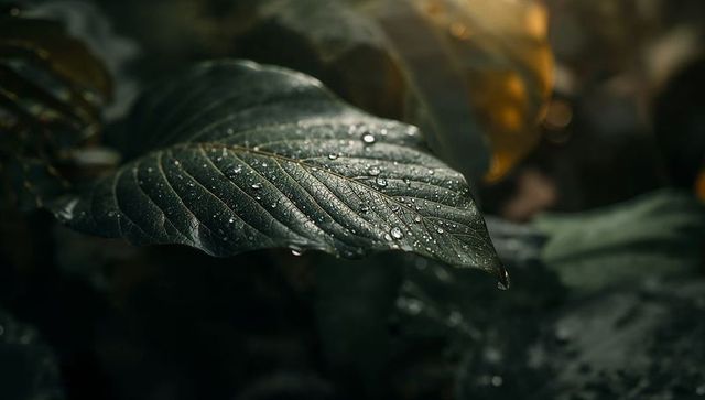 Dark tropical leaf holding dew drop at tip with detailed venation, backlit bokeh and lush foliage