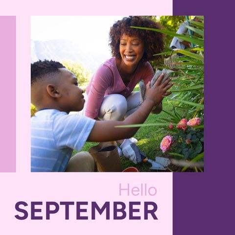Mother and son gardening in serene september