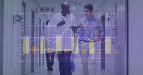Doctors walking hospital corridor reviewing tablet with healthcare analytics overlay