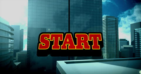 Virtual Cityscape with Start Text Overlay