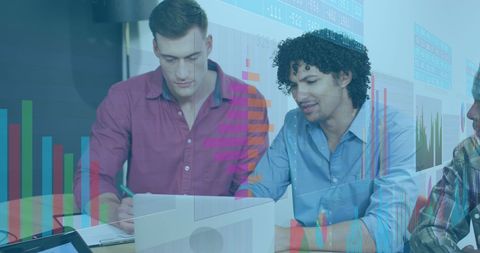 Diverse Team Analyzing FINTECH Data with Digital Overlays