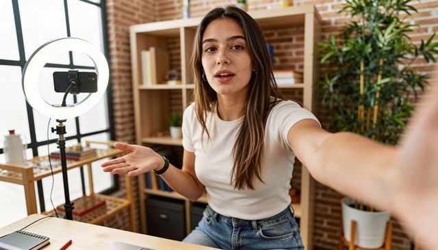 Young woman recording livestream in modern home studio with ring light and smartphone setup