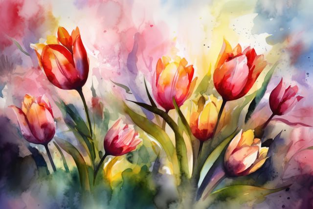 A vibrant watercolor artwork of tulips in full bloom. Ideal for use in floral decor, art prints, spring event invitations, greeting cards, and nature-themed presentations. Perfect for brightening any space with its lively colors and artistic feel.