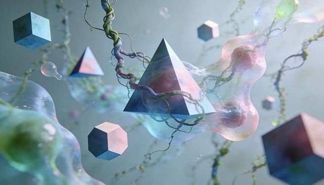 Surreal geometric tetrahedron wrapped in bioluminescent gel and vines in teal void