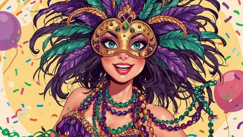 Vibrant carnival performer with mask and feather headdress