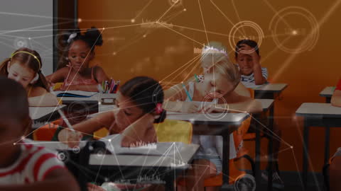 Children Engaging in Class with Digital Network Overlay