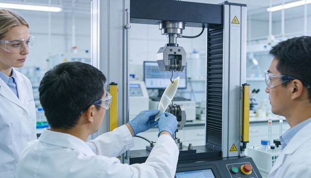 Engineers conducting tensile test on composite blade in modern materials lab