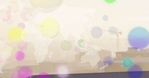 Abstract World Map With Urban Skyline and Colorful Bokeh