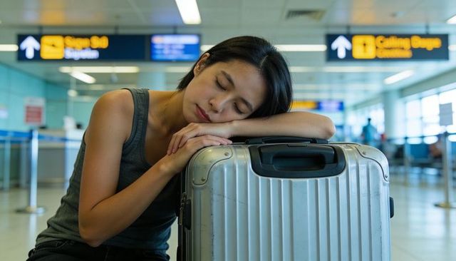 Tired female traveler resting on silver suitcase, leaning inside busy airport terminal