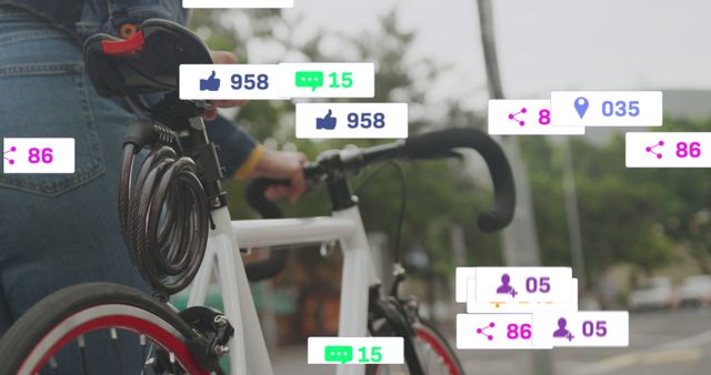 Close-Up of Person Holding Bicycle with Social Media Icons Overlay - Download Free Stock Images Pikwizard.com