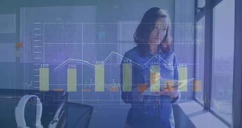 Businesswoman Analyzing Data with Digital Bar Chart Interface