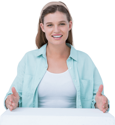 Transparent Happy Woman Gesturing Over Invisible Surface
