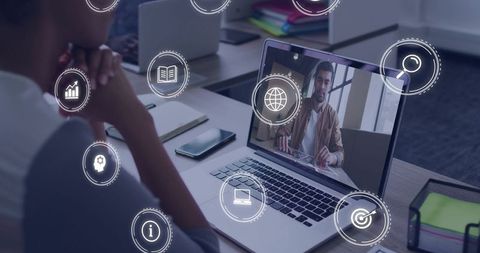 Virtual teamwork on laptop with colleague video call and floating digital business icons