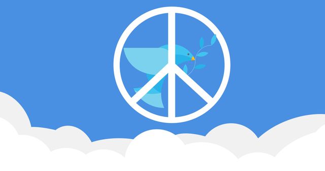 Illustration of peace sign with bird flying over clouds in clear blue sky, copy space. Vector, international day of peace, avoid war and violence, celebration, hope, kindness, support.