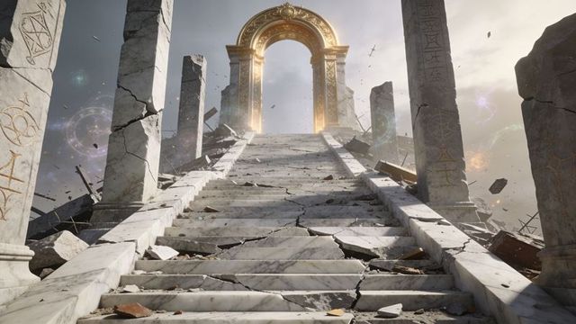 Rising cracked marble stairway leading toward glowing golden arch gateway atop ruined temple