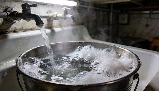 Filling metal pail with steaming soapy water under rusted faucets