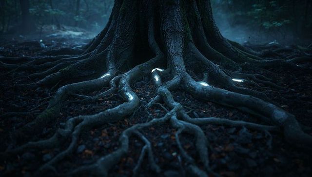 Enchanted forest roots with bioluminescent glow