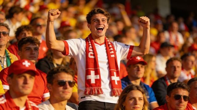 Young fan cheering and raising fists in stadium wearing swiss red-and-white scarf
