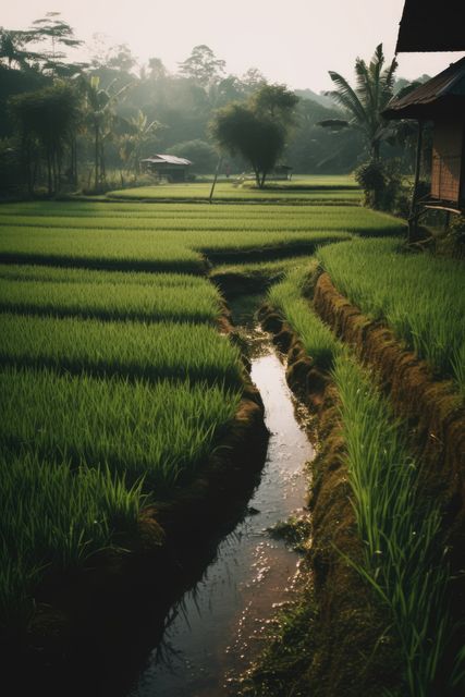 Depicts a tranquil morning in a lush green rice paddy field with reflective water ditches under tropical scenery. Ideal for use in nature and agriculture-related content, eco-tourism promotions, rural development illustrations, and tranquility themed designs.