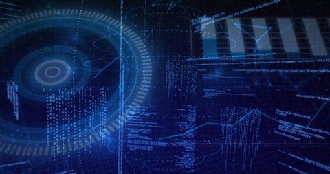 Displaying holographic data interface with rotating HUD and streaming code visuals