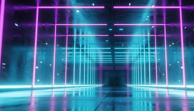 Glowing neon corridor leading to dark doorway with mirror floor and futuristic led bars