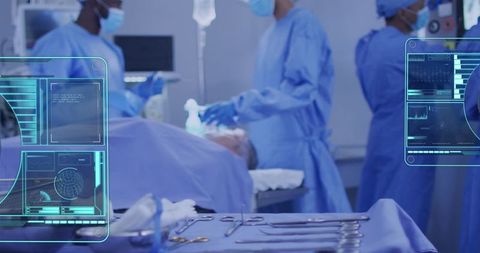 Diverse medical team performing surgery with futuristic data overlays