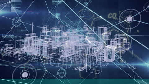 Digital Network Overlay on Abstract Cityscape