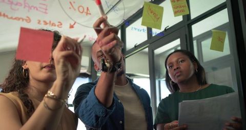 African american team collaborating on glass wall with sticky notes and red marker