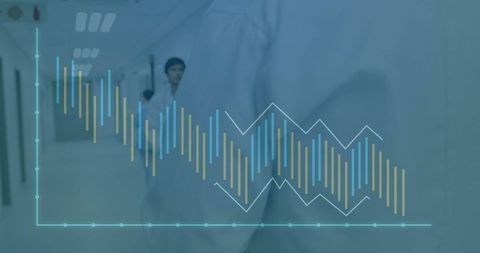 Doctors analyzing data overlay in hospital corridor