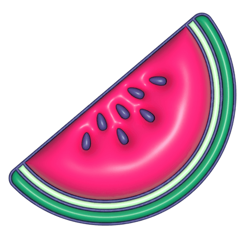 Transparent glossy 3d watermelon slice with magenta flesh and navy outline sticker graphic