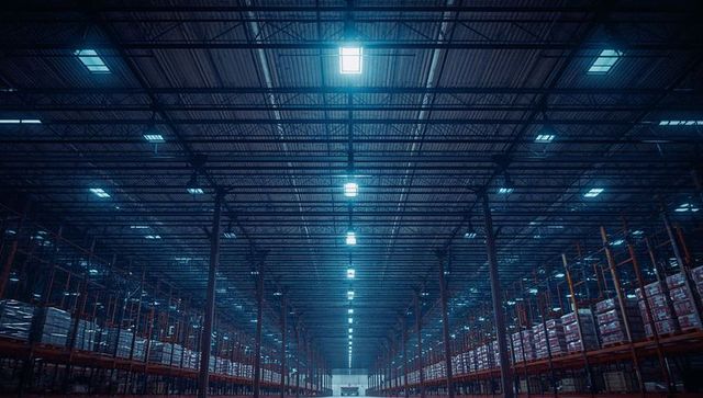 Expansive Warehouse Interior with Shelving and Pallets