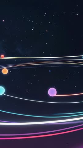 Vertical looping video of glowing spheres orbiting in starfield with neon trails