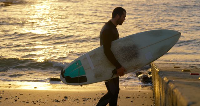 Surfer walking with surfboard on beach at sunset - Download Free Stock Images Pikwizard.com