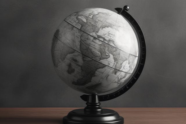 A vintage globe sits on a wooden surface, with copy space. It evokes a sense of exploration and the history of cartography.