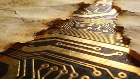 Peeling parchment revealing golden printed circuit traces and solder pads on aged tabletop