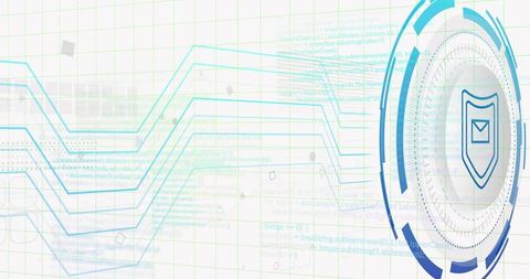 Futuristic cybersecurity hud with shield-envelope emblem on pale grid background interface