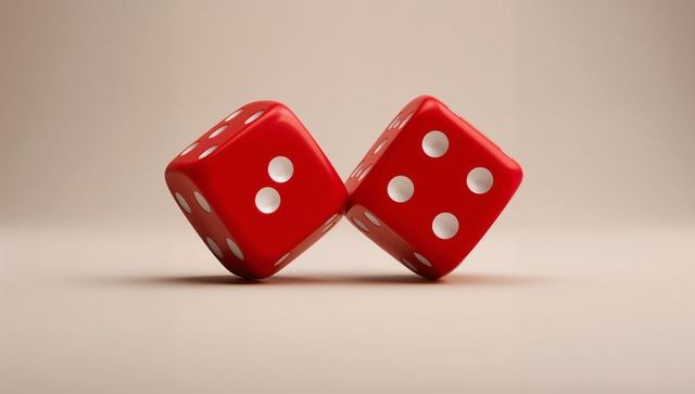 Glossy red dice tilting and resting on smooth beige backdrop showing white pips
