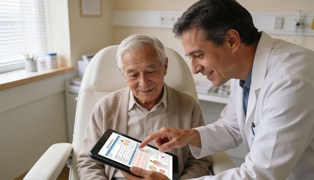 Doctor pointing at tablet explaining health charts to senior patient in clinic consultation