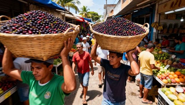 Men carrying woven baskets piled with dark purple fruit through bustling market