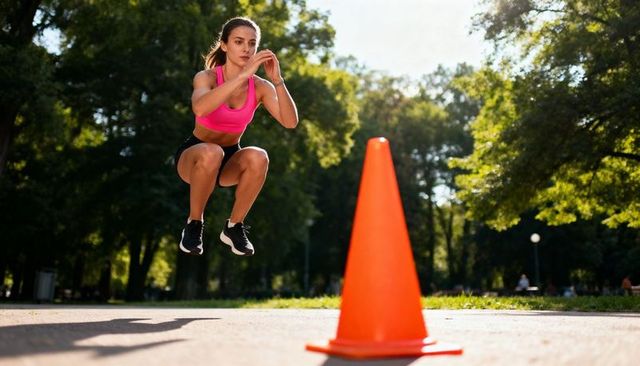 Female athlete jumping over orange cone on park path during outdoor plyometric training